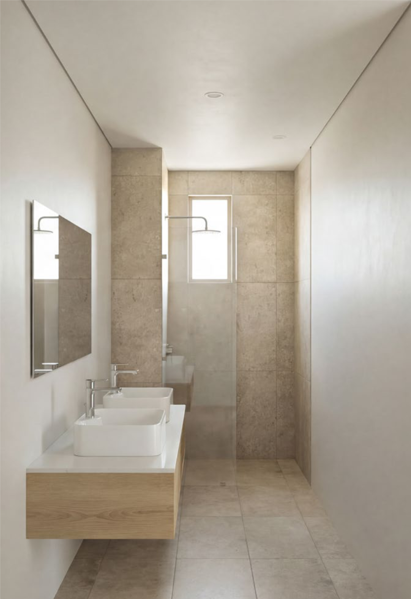 Baño principal con doble lavabo sobre mueble de madera, muros de travertino y regadera a ras de piso