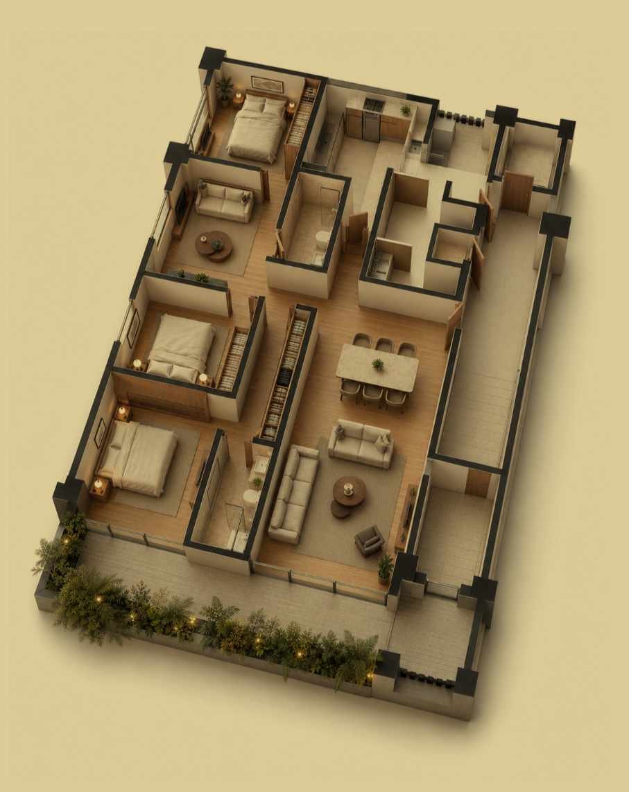 Planta tipo de 105 m² en vista isométrica, con terraza, estancia, comedor, cocina, tres recámaras, estudio, baños, cuarto de lavado, cuarto de servicio y balcón posterior