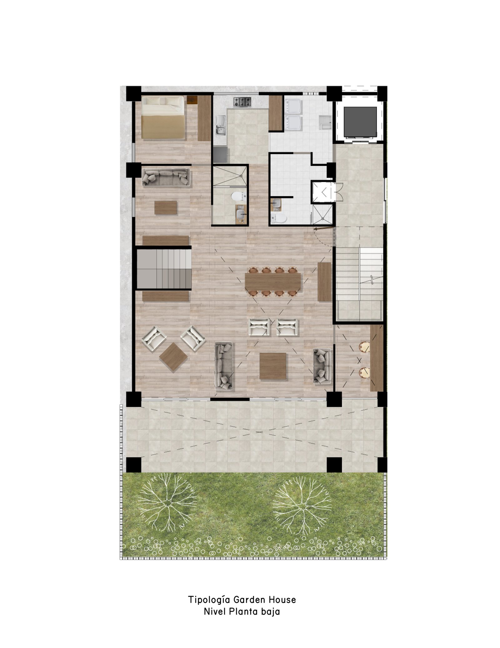 Planta baja ilustrada de la residencia Planta Jardín de Lomas Altas, con jardín privado, terraza y estancia