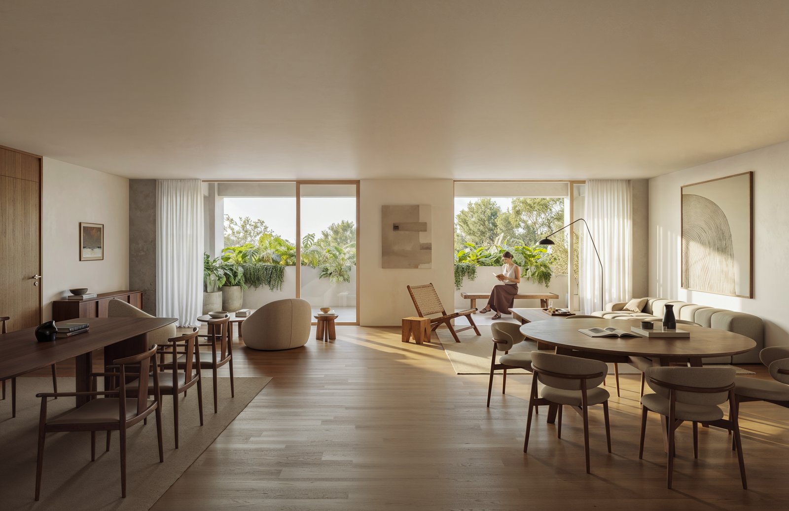 Render de sala y comedor en Penthouse de Lomas Altas con vista panorámica y techos altos