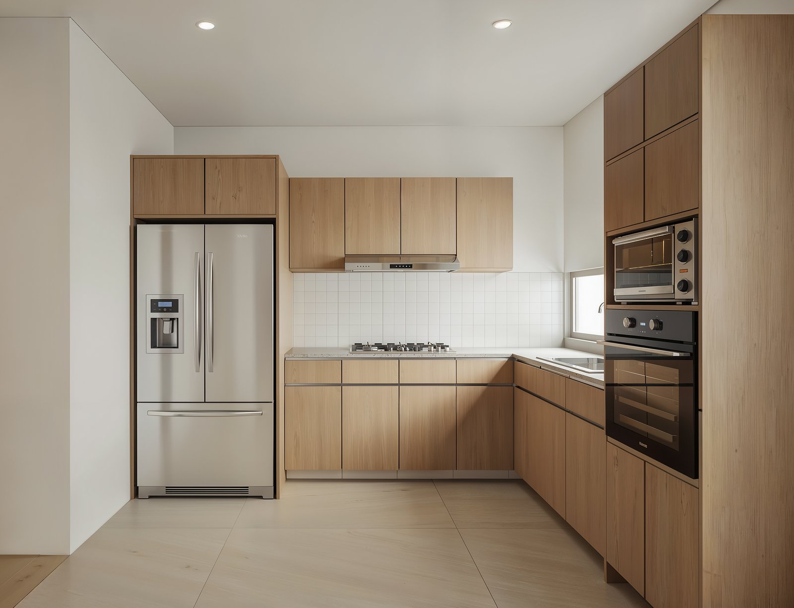 Render de cocina integral con acabados en madera clara y cubierta de granito en Tipología A